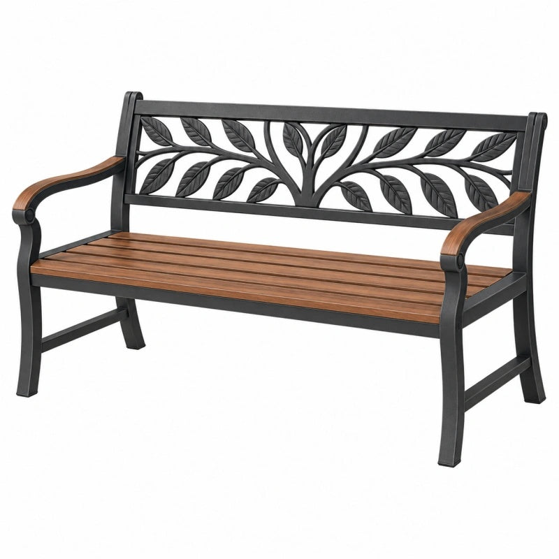 Gartenbank 122 x 63 x 88 cm aus Metall und Holz Braun Schwarz mit Blattmuster