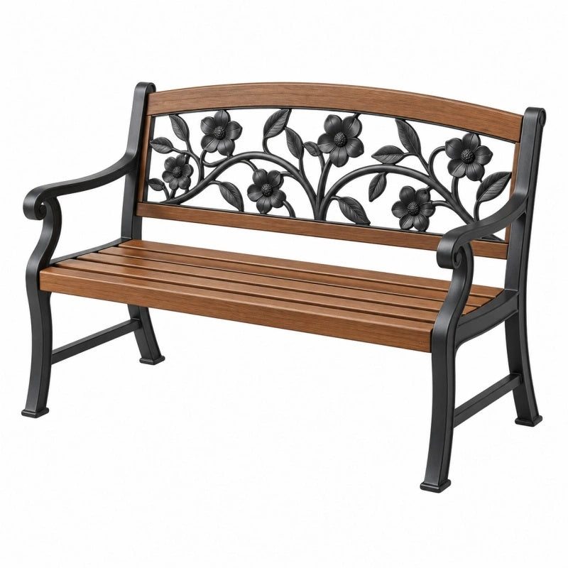 Gartenbank 122 x 59 x 90 cm Holz Metall Braun Schwarz mit Blumenmuster