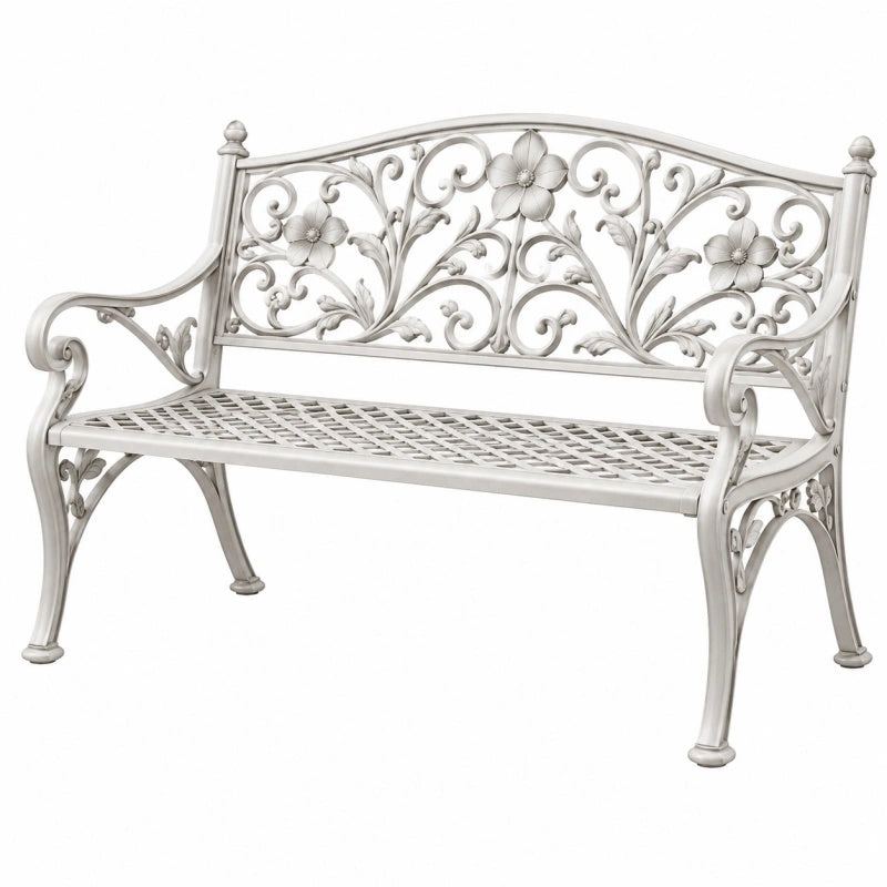 Gartenbank 120 x 60 x 90 cm Metall Weiß mit floralem Vintage-Design