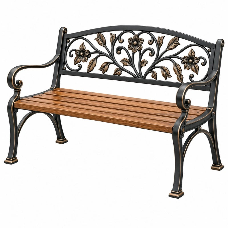 Gartenbank 125 x 60 x 90 cm Metall Holz Schwarz Braun mit floralem Ornament