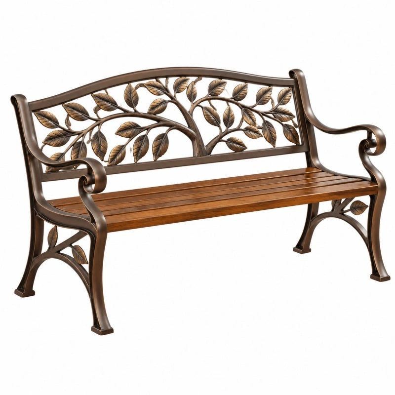 Gartenbank 125 x 58 x 88 cm Metall und Holz Braun mit Blattdekor