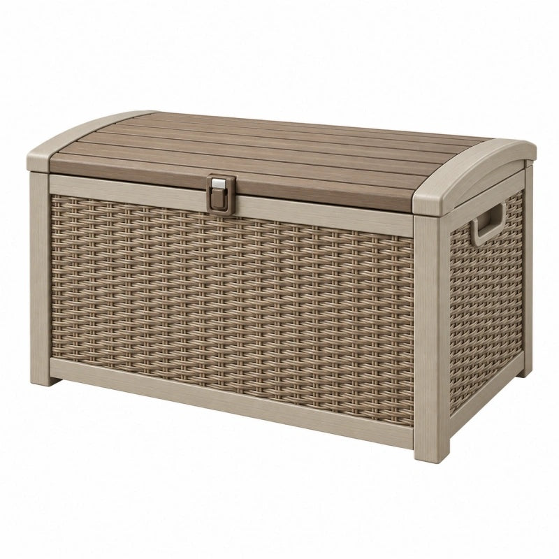 Aufbewahrungsbox 120 x 61 x 63 cm Kunststoff Taupe in Rattanoptik für Garten und Terrasse