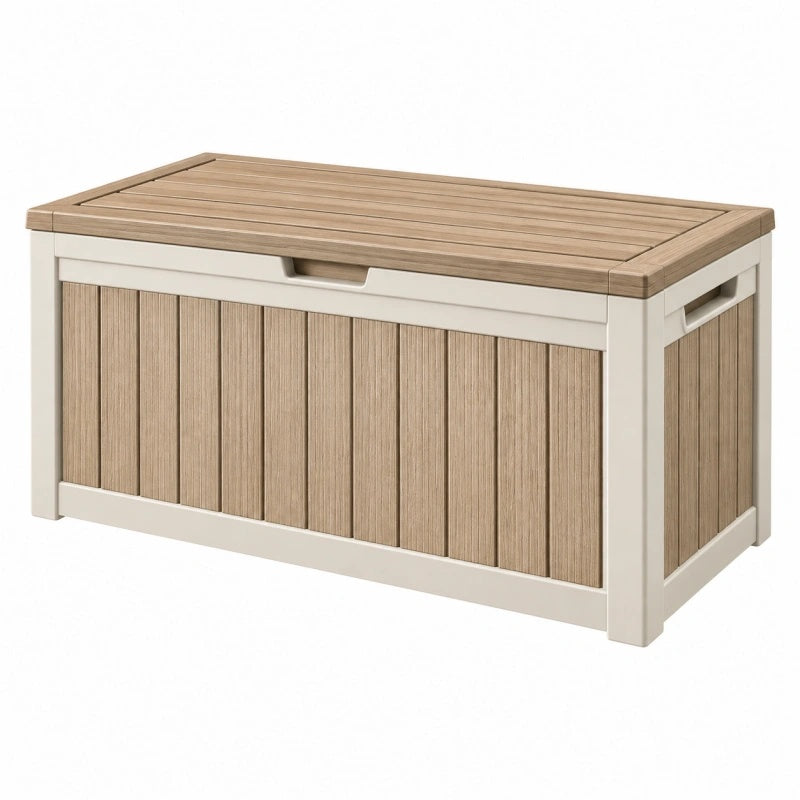 Garten-Aufbewahrungsbox 120 x 60 x 63 cm aus Kunststoff Beige/Braun in Holzoptik mit Sitzfläche