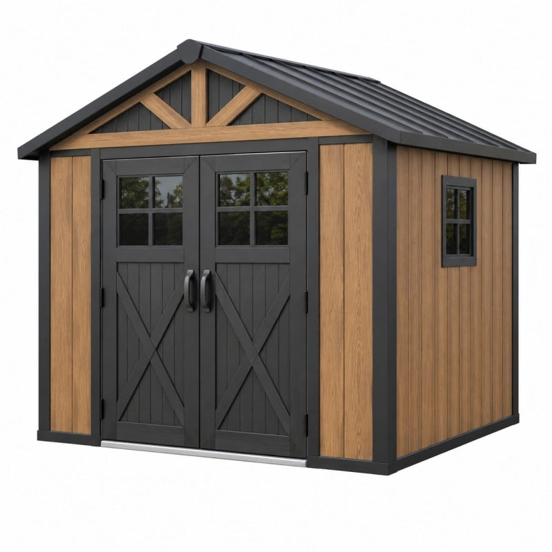Gerätehaus 213 x 131 x 192 cm Kunststoff Holzoptik Braun Anthrazit mit Doppeltür und Fenstern
