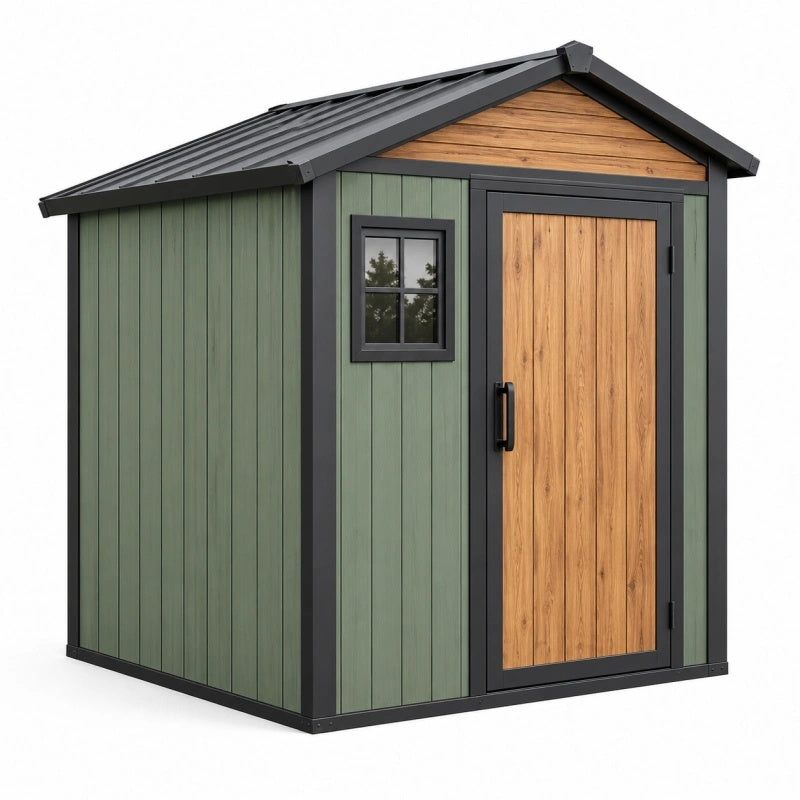 Gartenhaus 200 x 150 x 210 cm aus Stahl in Grün Braun mit Satteldach