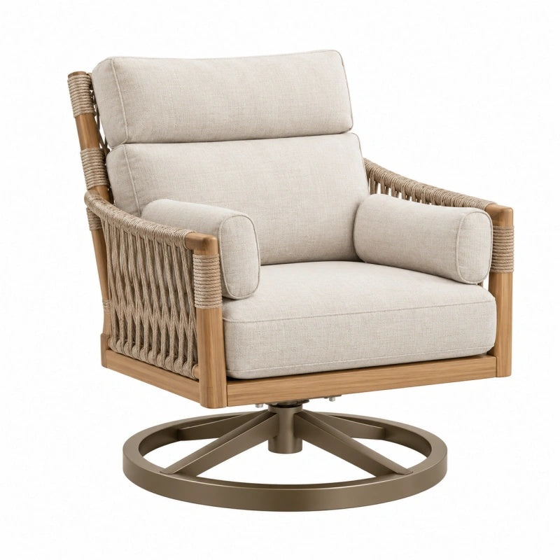 Drehsessel 85 x 90 x 98 cm aus Holz und Seilgeflecht in Beige mit Drehfuß