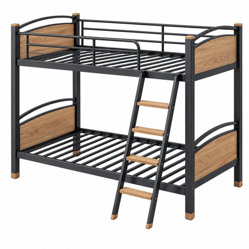 Etagenbett 90 x 200 cm aus Stahl und Holz Schwarz/Natur mit Leiter